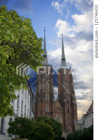 Ancient buildings on Ostrow Tumski at daytime in Wroclaw. High quality photo 125746432