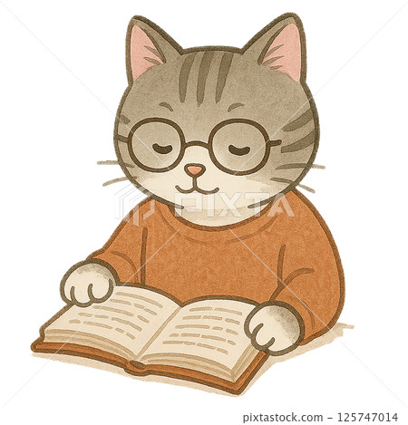 一隻享受閱讀的貓的插圖|戴眼鏡的棕色虎斑貓，性格聰明可愛 125747014