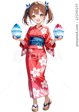身穿浴衣的女孩正在享用夏日盛典和刨冰 125747277