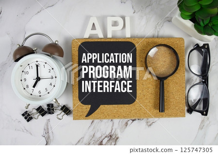 API - Application Program Interface acronym with alarm clock and magnifying glass, business concept background 125747305