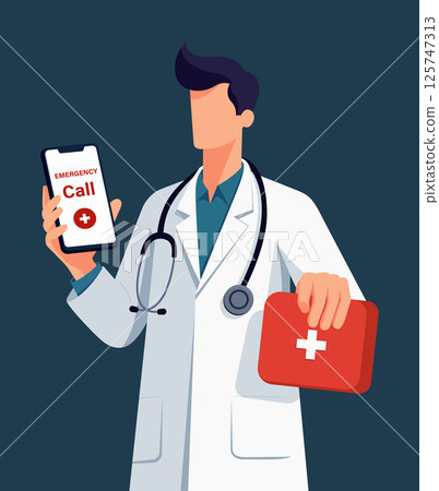 Doctor holding smartphone with emergency call and first aid kit 125747313