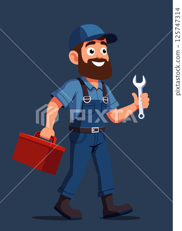 Mechanic with toolbox and wrench in blue overalls Mechanic with toolbox and wrench in blue overalls 125747314