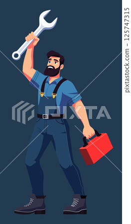 Mechanic with wrench and toolbox in blue overalls Mechanic with wrench and toolbox in blue overalls 125747315