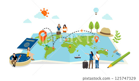 Color illustrations with overseas travel and travel motifs (world map and travelers) 125747329