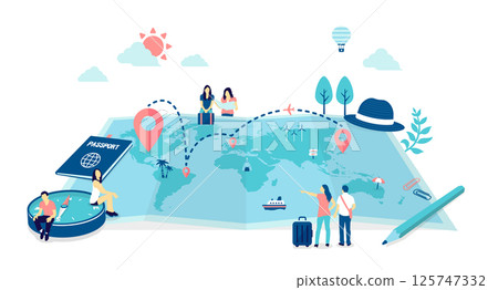 Color illustrations with overseas travel and travel motifs (world map and travelers) 125747332