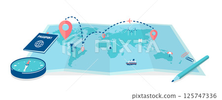 Color illustrations with overseas travel and travel motifs (world map) 125747336