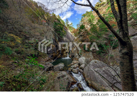 Shosenkyo Gorge in late autumn: Clear water flowing through the valley and spectacular rock formations 125747520