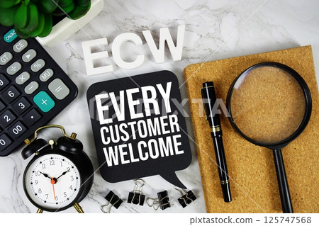 ECW - Every Customer Welcome acronym with calculator, alarm clock and magnifying glass, Business concept background 125747568