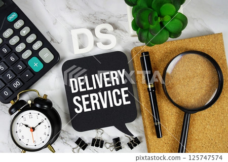 DS - Delivery Service acronym with calculator, alarm clock and magnifying glass, Business concept background 125747574