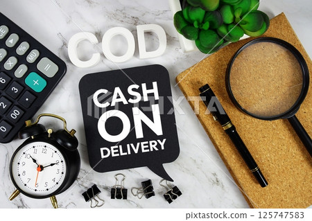 COD - Cash On Delivery acronym with calculator, alarm clock and magnifying glass, business concept background COD - Cash On Delivery acronym with calculator, alarm clock and magnifying glass, business concept background 125747583