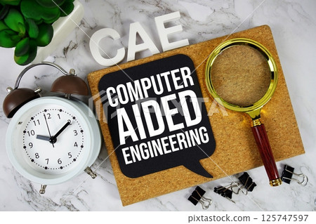 CAE - Computer Aided Engineering acronym with alarm clock and magnifying glass, technology and communication concept background CAE - Computer Aided Engineering acronym with alarm clock and magnifying glass, technology and communication concept background 125747597