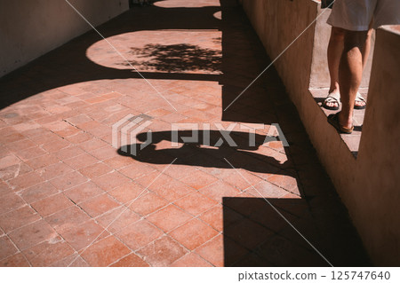Shadow of Couple Kissing on Sunlit Brick Pathway 125747640