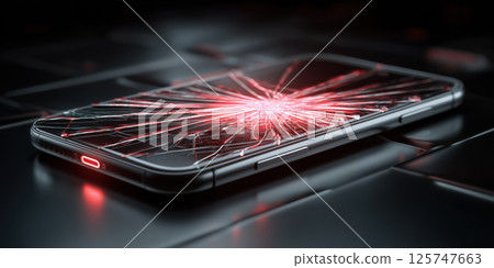 Broken smartphone screen, damaged device, technology failure, glowing red light, dramatic mood Broken smartphone screen, damaged device, technology failure, glowing red light, dramatic mood 125747663