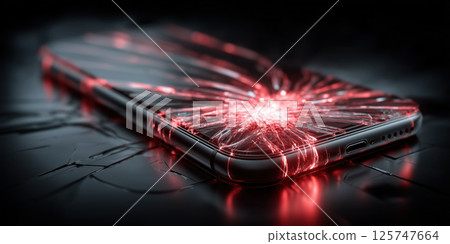 Shattered smartphone with glowing red cracks, digital chaos, technology failure, dramatic mood 125747664