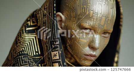 Futuristic hyper realistic fashion portrait Asian male gold geometric face paint Futuristic hyper realistic fashion portrait Asian male gold geometric face paint 125747666