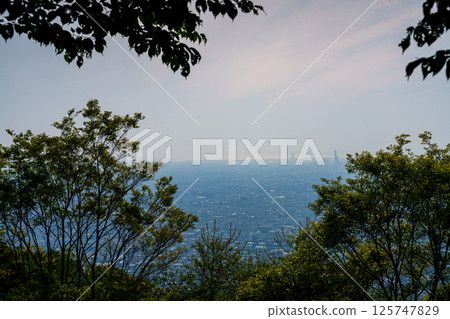 大阪府八尾市大阪府立森林停車場，籠罩在春季薄霧中的大阪平原 125747829