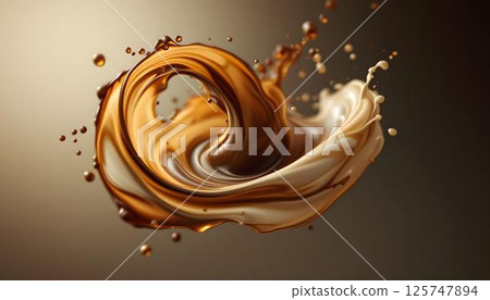 Brown coffee liquid splashing upward, creating dynamic droplets against a neutral background Brown coffee liquid splashing upward, creating dynamic droplets against a neutral background 125747894