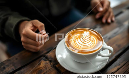 A cup of coffee is gracefully positioned on a table, with coffee beans providing a rustic accent 125747895