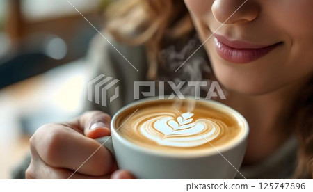 A woman enjoys a cup of coffee featuring intricate latte art, showcasing her appreciation for the beverage A woman enjoys a cup of coffee featuring intricate latte art, showcasing her appreciation for the beverage 125747896