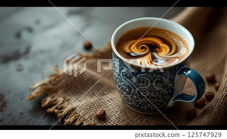 A cup of coffee elegantly positioned on a table, with coffee beans adding a rustic touch 125747929