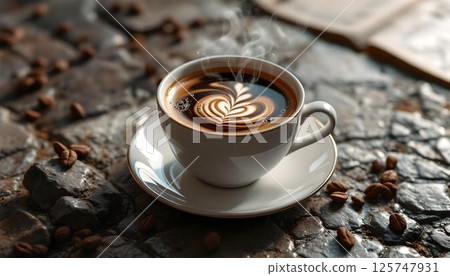 A freshly brewed cup of coffee resting on a table, with coffee beans artfully arranged around it A freshly brewed cup of coffee resting on a table, with coffee beans artfully arranged around it 125747931