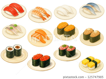 12種標準配料的壽司套餐插圖 |握壽司和軍艦壽司等熱門食材 125747985