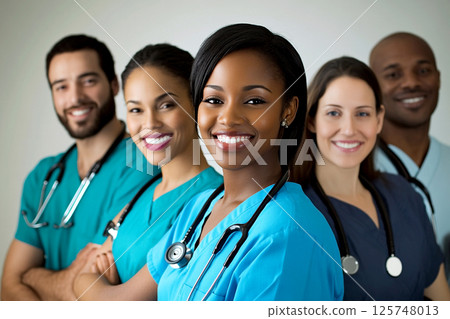 Group of specialists standing together, showcasing their roles in healthcare excellence. Doctors and clinic staff united for a team portrait, exuding professionalism 125748013