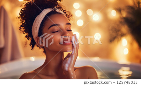 Wellness and relaxation. Woman in a spa, enjoying a moment of tranquility and self-care for her well-being. Relaxed woman at a wellness spa 125748015