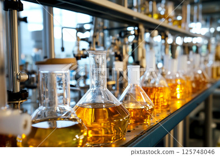 Laboratory flasks filled with colorful liquids used in chemistry experiments or the production of alcohol and medicine. Ideal for illustrating scientific research, pharmaceutical processes 125748046
