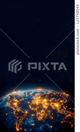 Vertical view of a glowing world map at night, illuminated with city lights and a digital global aesthetic. Perfect for use in stories, reels, or content focused on international connectivity 125748048
