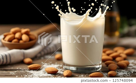 Almond milk in a transparent glass, showcasing its silky texture as a wholesome substitute for dairy 125748094