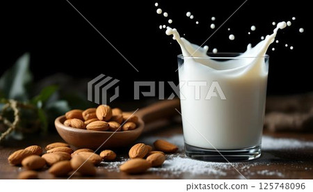 A close-up of almond milk, illustrating its appeal as a versatile and healthy alternative to dairy milk 125748096
