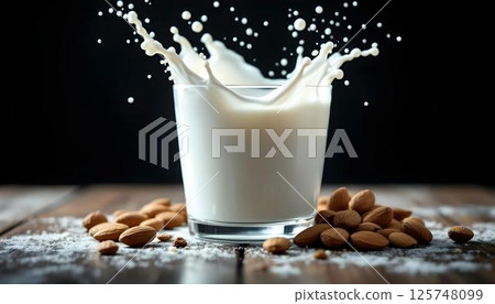 Almond milk in a clear glass, highlighting its smooth consistency as a nutritious substitute for dairy milk 125748099