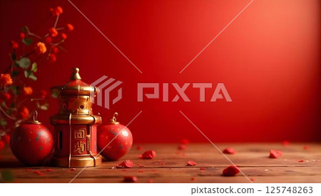 Chinese New Year background, wooden table with copy space 125748263