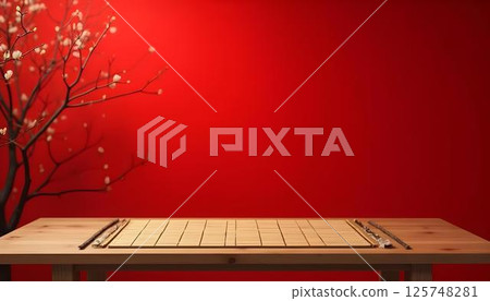 Wooden table and bamboo tree on red background 125748281