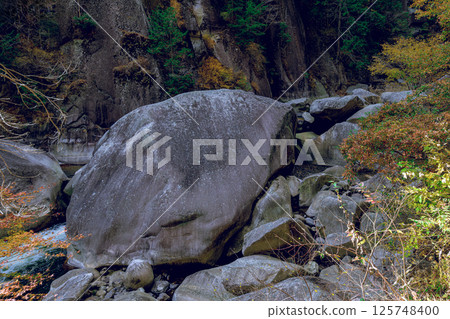 A famous spot in Shosenkyo: a beautiful valley of floating rocks and autumn leaves; a mysterious space created by giant rocks A famous spot in Shosenkyo: a beautiful valley of floating rocks and autumn leaves; a mysterious space created by giant rocks 125748400