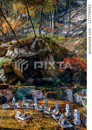 A mysterious space for wishing on eight pearls, surrounded by autumn leaves 125748402