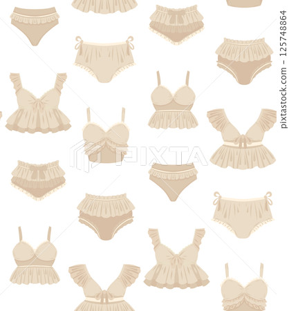 Vector seamless pattern with white lingerie on light background. Texture with feminine bras and underpants with ruffles. Surface design 125748864