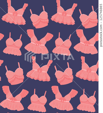 Vector seamless pattern with delicate pink bras on violet background. Texture with brassieres with ruffles. Surface design with feminine swimsuit Vector seamless pattern with delicate pink bras on violet background. Texture with brassieres with ruffles. Surface design with feminine swimsuit 125748865