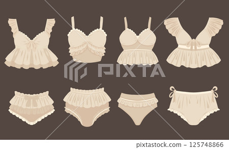 Vector set of delicate beige underwear. Collection clip arts of panties and bras in delicate tones with ruffles and bows. Feminine separate swimsuit 125748866