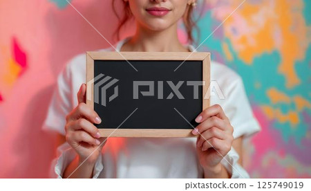 A woman showcases a blackboard, highlighting the importance of women's rights on International Women's day 125749019