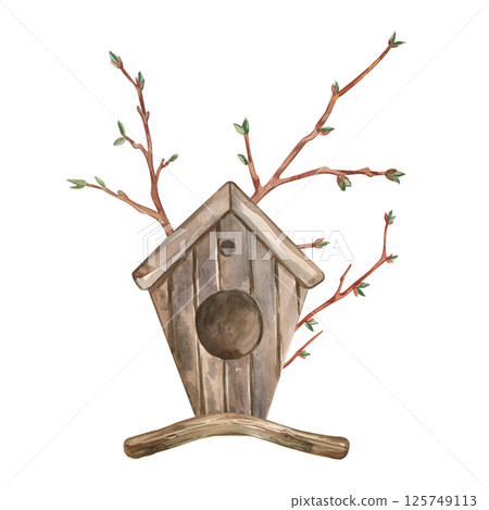 Birdhouse made of wood, brown color with branches of young trees, all objects are hand-painted with watercolors. Watercolor composition. Suitable for printing on postcards, brochures, invitations. Birdhouse made of wood, brown color with branches of young trees, all objects are hand-painted with watercolors. Watercolor composition. Suitable for printing on postcards, brochures, invitations. 125749113