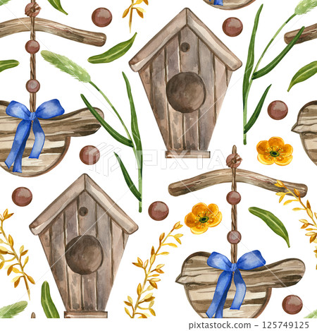 Seamless watercolor pattern. Birdhouse, bird pendant, meadow flowers and herbs of different colors, bell, buttercups, all objects are hand-drawn with watercolor. For printing on fabric, paper. Seamless watercolor pattern. Birdhouse, bird pendant, meadow flowers and herbs of different colors, bell, buttercups, all objects are hand-drawn with watercolor. For printing on fabric, paper. 125749125
