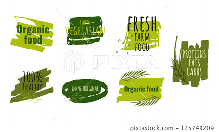 Healthy food labels badges logos Eco stickers. For farmer market eco food vegetarian menu food package. Ecology friendly design. Organic Food, Vegan, Farm Fresh, Natural Product. Vector illustration. 125749209