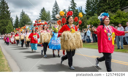 Group of women wearing colorful costumes walking in parade 125749284