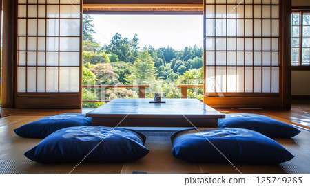 Traditional japanese dining room open to balcony overlooking green forest Traditional japanese dining room open to balcony overlooking green forest 125749285