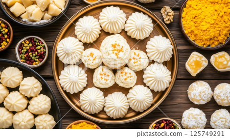 Traditional modak sweets for ganesh festival offering on a rustic wooden table 125749291