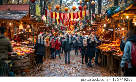 People walking and shopping at traditional autumn fair during evening 125749292