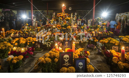 People celebrating day of the dead with candles and flowers in mexico 125749293
