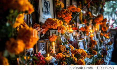 Ofrenda for day of the dead with cempasuchil flowers and candles burning 125749295